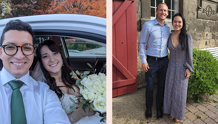 Wedding photos of left: ’07 Blair Ostrem and John Pehanich and right: ’08 Sandra Chin and ’01 Jason Kuska. Wedding photos of left: ’07 Blair Ostrem and John Pehanich and right: ’08 Sandra Chin and ’01 Jason Kuska.
