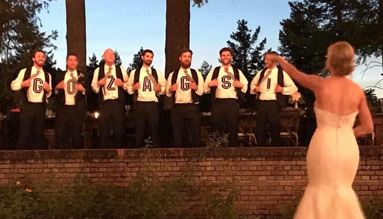 groomsmen show Gonzaga shirts under tuxes groomsmen show Gonzaga shirts under tuxes