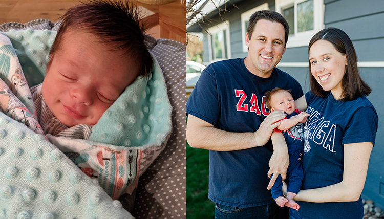 two separate photos of newborns, one with parents two separate photos of newborns, one with parents