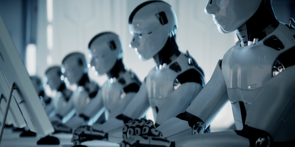 Embracing Generative AI In the Classroom and Office image of white robots sitting lined up at computers in a classroom