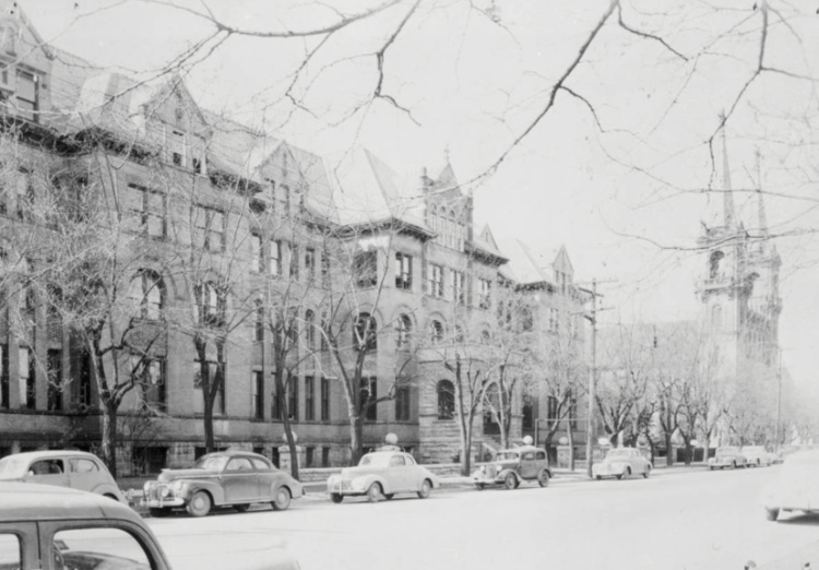 View of Boone Avenue with the Administration Building and Saint Aloysius Church (1949) View of Boone Avenue with the Administration Building and Saint Aloysius Church (1949)