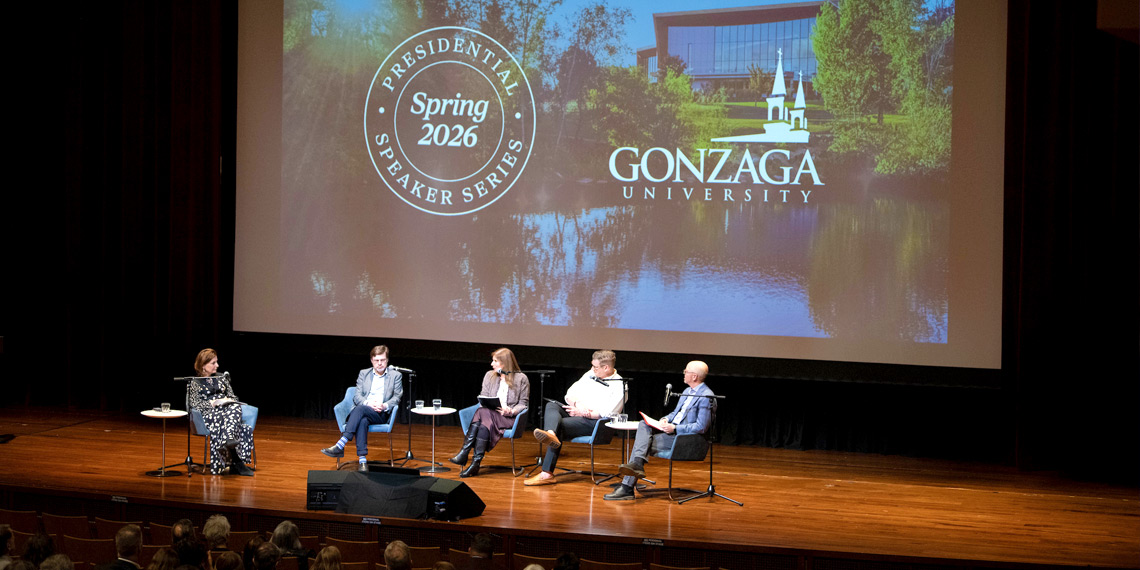 Gonzaga University President Katia Passerini on stage with panelists for the 2026 Presidential Speaker Series Event