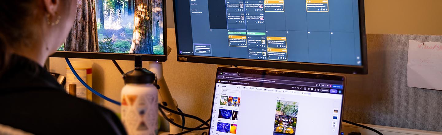 Women at computer review social media posts