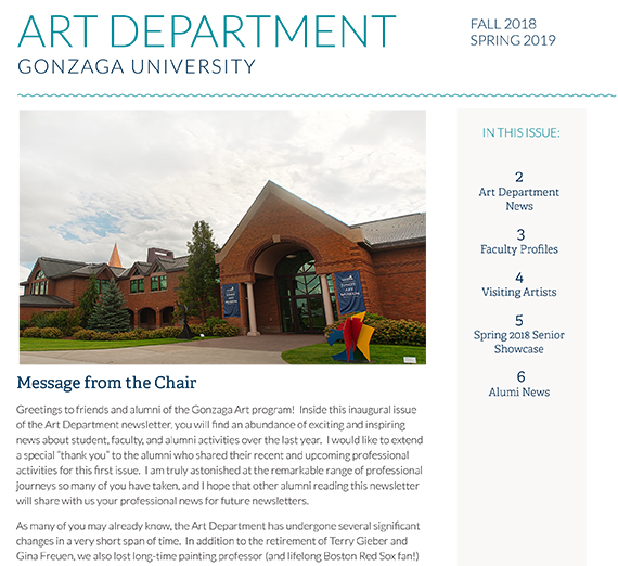 Cover of the Art Department Newsletter highlighting the front view of the Jundt Art Museum.