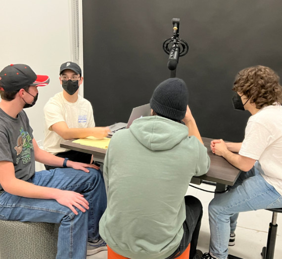 Students gather to record episode one of Zag to Zag podcast Students gather to record episode one of Zag to Zag podcast