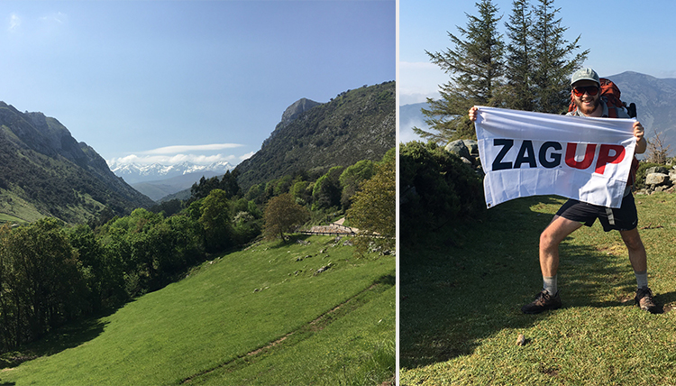 one photo of mountains and one of a young man holding a Zag Up flag one photo of mountains and one of a young man holding a Zag Up flag