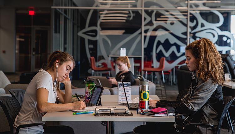 two female students study at Volkar Center for Athletic Achievement two female students study at Volkar Center for Athletic Achievement