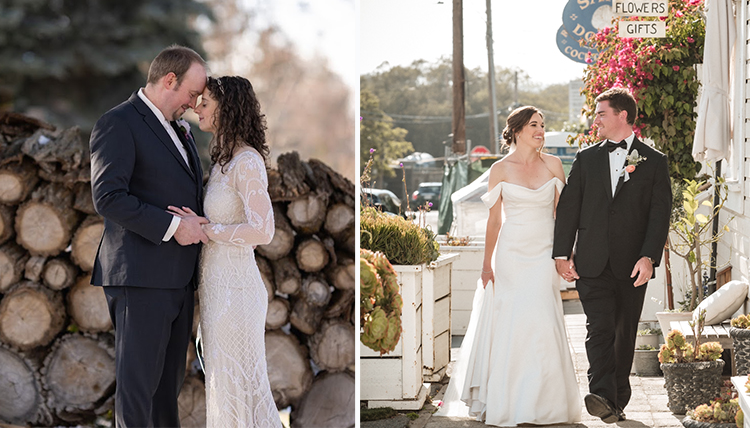 two separate wedding couples, both outdoors two separate wedding couples, both outdoors