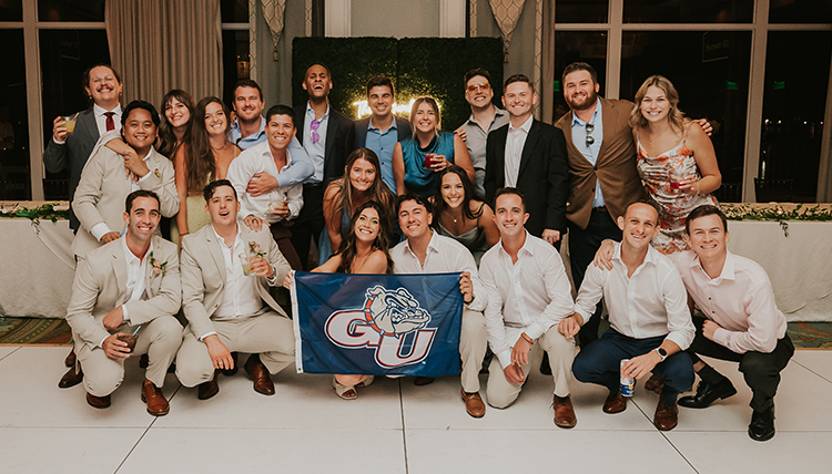 Wedding image of ’19, ’20 M.I.T. Julia Camara and ’19 Nick Marchesano celebrated with a group of Zags. Julia is a kindergarten teacher in San Diego, Nick a certified athletic trainer at Amazon. Wedding image of ’19, ’20 M.I.T. Julia Camara and ’19 Nick Marchesano celebrated with a group of Zags. Julia is a kindergarten teacher in San Diego, Nick a certified athletic trainer at Amazon.