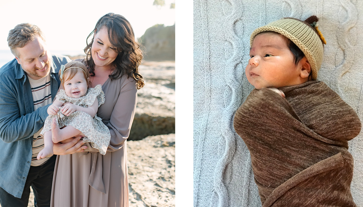 A baby with its parents on the beach and a baby wrapped in a blanket A baby with its parents on the beach and a baby wrapped in a blanket