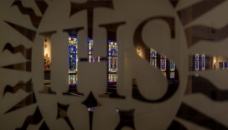 a view of the chapel through its window glass