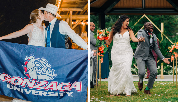 Allison Drescher and Isaac Fleshman-Cooper kissing and holding a Gonzaga flag on the left, Siniva Areta and Simon Menso walking down the aisle on the right Allison Drescher and Isaac Fleshman-Cooper kissing and holding a Gonzaga flag on the left, Siniva Areta and Simon Menso walking down the aisle on the right