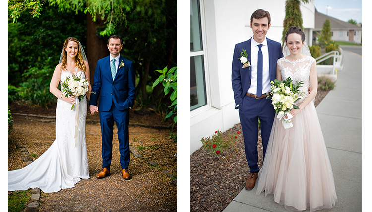 Two photos; on the left a woman and a man pose with flowers in front of trees, and on the right a man and woman pose in front of church Two photos; on the left a woman and a man pose with flowers in front of trees, and on the right a man and woman pose in front of church