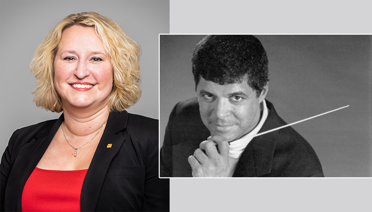 Left; headshot of a smiling blonde woman; right; black and white photo of man posing with a composing stick. Left; headshot of a smiling blonde woman; right; black and white photo of man posing with a composing stick.
