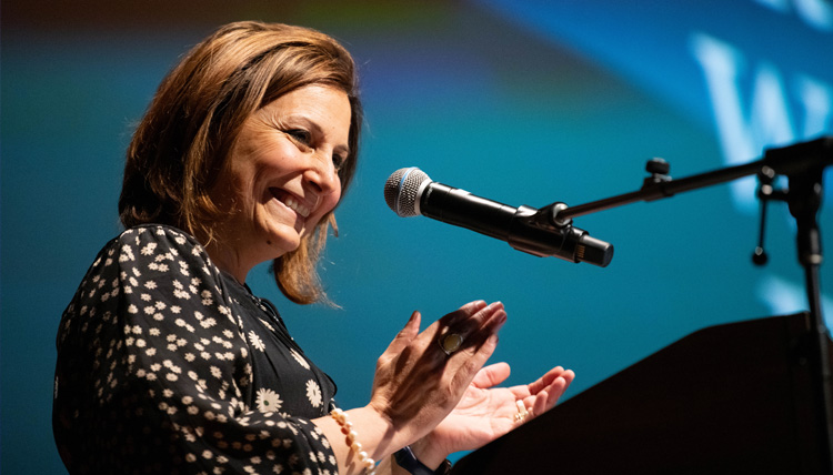 Gonzaga University President Katia Passerini welcomes guests to her inaugural Presidential Speaker Series event on April 8, 2026. 