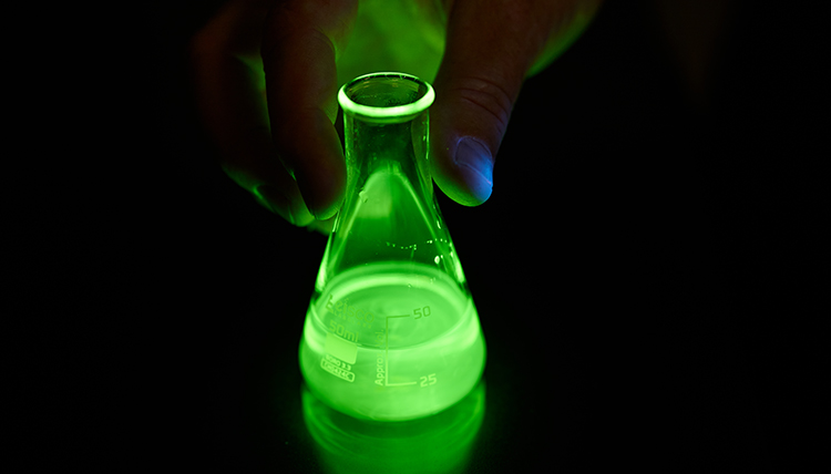 A glowing bottle of chemicals.