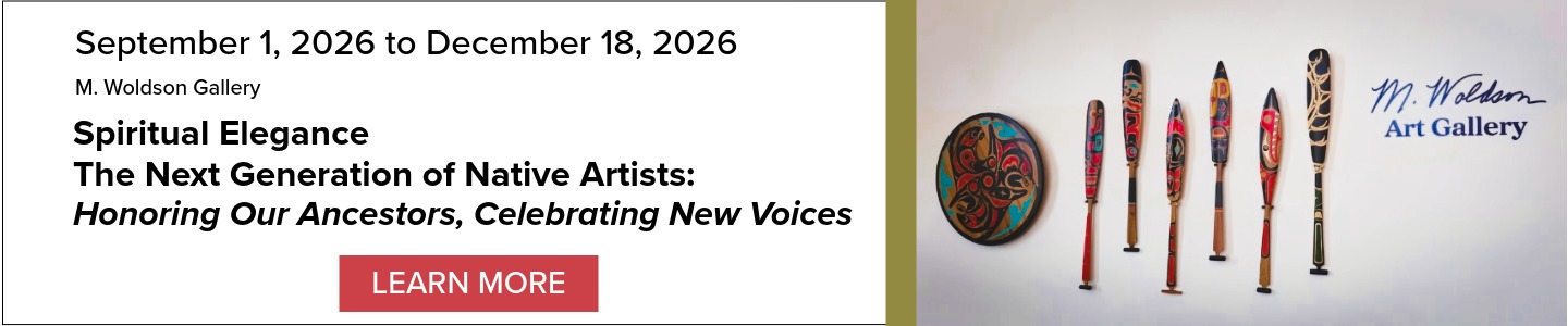 Event announcement for the M. WOldson Gallery Fall 2026 Exhibition titled Spiritual Elegance-The Next Generation of Native Artists: Honoring Our Ancestors, Celebrating New Voices. Image includes a 