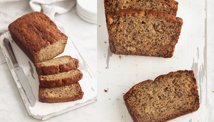 Banana bread on a white background.