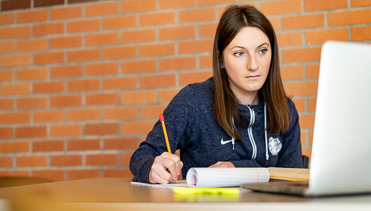 A student reads and takes notes on her computer. A student reads and takes notes on her computer.