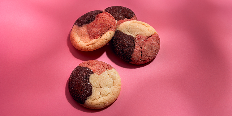 Pink, brown and white cookies.