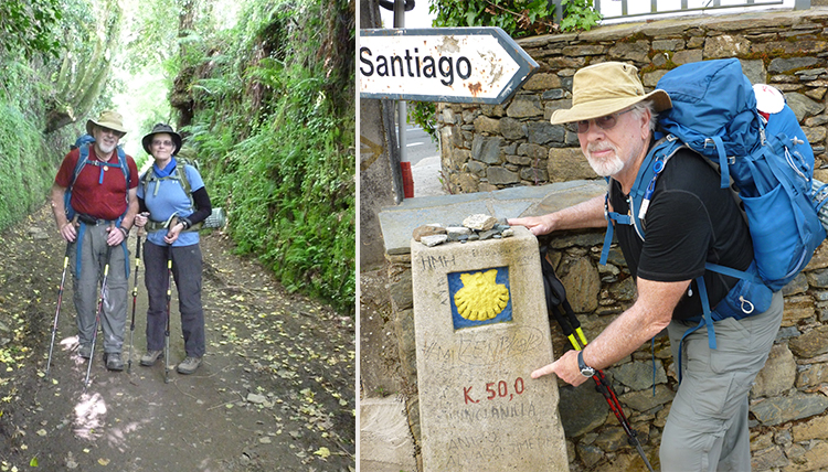 a photo of a couple walking on a dirt path and another of a man next to a mile marker a photo of a couple walking on a dirt path and another of a man next to a mile marker