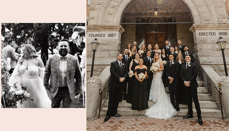 Wedding photos of left: ’12 Karina Riskin and ’12 Ian Powell and right: ’16 Sierra Schmitt and ’16 Kevin Hernandez. Wedding photos of left: ’12 Karina Riskin and ’12 Ian Powell and right: ’16 Sierra Schmitt and ’16 Kevin Hernandez.