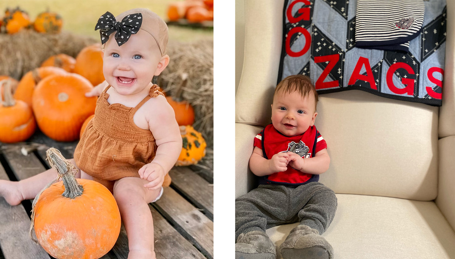 A baby poses with a pumpkin A baby poses with a pumpkin