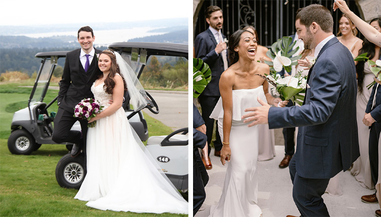 Victoria Miller and Scott McLaren on the golf course on the left , Philip Noyes and Magenta Dumpit laughing with the wedding party on the right Victoria Miller and Scott McLaren on the golf course on the left , Philip Noyes and Magenta Dumpit laughing with the wedding party on the right