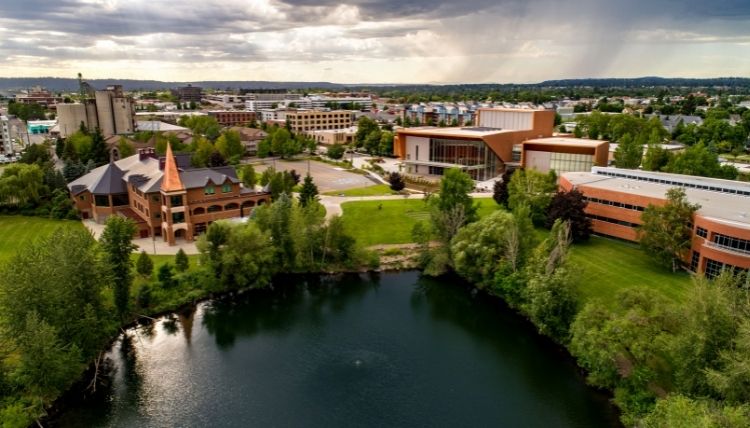 A drone shot of campus, showing Lake Arthur in the bottom. Jundt Art Museum, Myrtle Woldson Performing Arts Center, and Jepson Center can be seen. A drone shot of campus, showing Lake Arthur in the bottom. Jundt Art Museum, Myrtle Woldson Performing Arts Center, and Jepson Center can be seen.