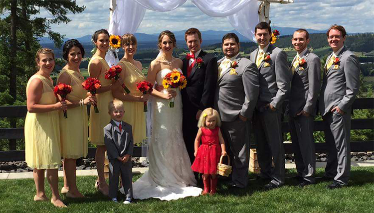wedding party with women in yellow dresses and men in gray suits wedding party with women in yellow dresses and men in gray suits