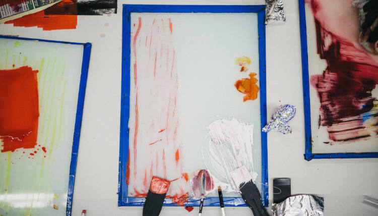 Overhead shot of different paints being prepared before creating artwork. Overhead shot of different paints being prepared before creating artwork.