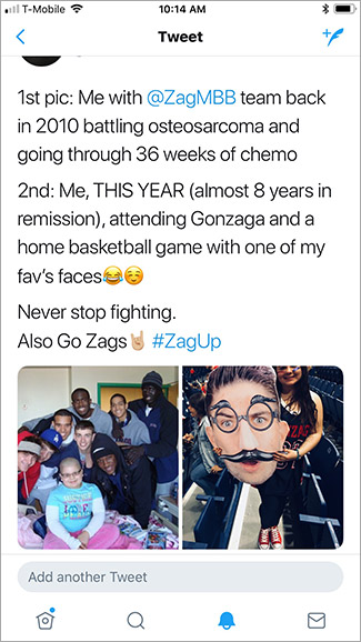 A tweet from student Briana Hermseyer about how her experience meeting the GU men's basketball team in 2010 while she was in the hospital for cancer treatment inspired her to attend Gonzaga. A tweet from student Briana Hermseyer about how her experience meeting the GU men's basketball team in 2010 while she was in the hospital for cancer treatment inspired her to attend Gonzaga.