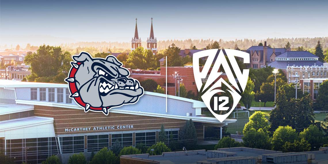 Gonzaga Spike Logo and Pac-12 Conference logo with McCarthey Athletic Center