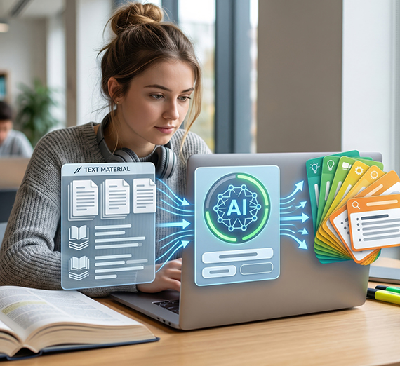 A woman sits at a computer with digital images floating in space