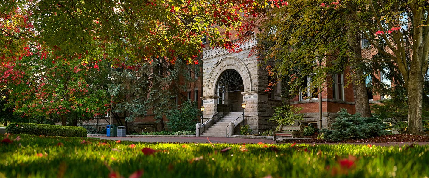 Exterior of the entrance to College Hal on the Gonzaga University campus in autumn.