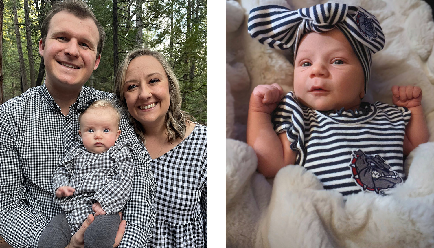 A baby in plaid poses with its parents. A baby in plaid poses with its parents.