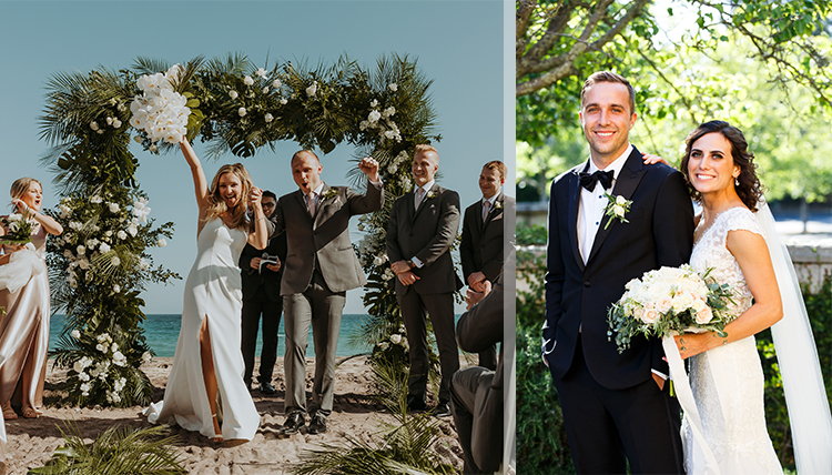 two wedding couples outdoors