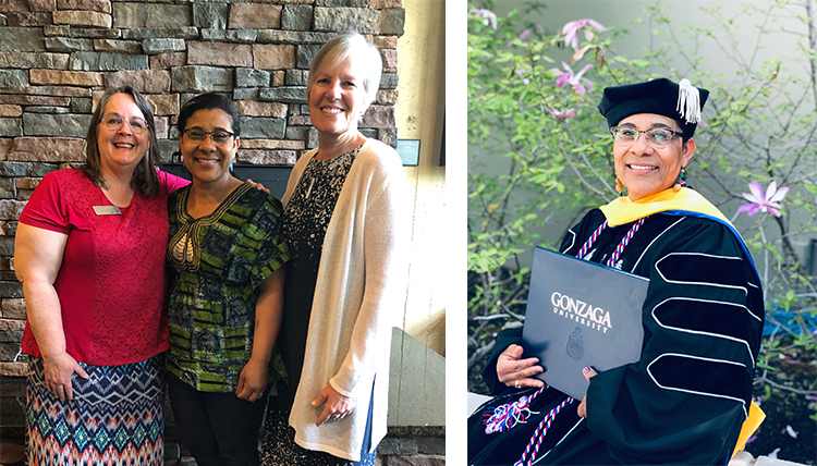 On the left, Maddie Collins standing with two Gonzaga faculty members and on the right, Collins as a graduate of Gonzaga On the left, Maddie Collins standing with two Gonzaga faculty members and on the right, Collins as a graduate of Gonzaga