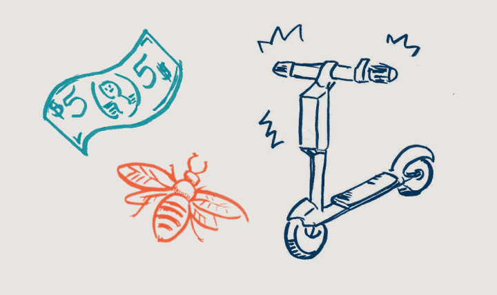 illustrations of money, bees and electric scooter illustrations of money, bees and electric scooter