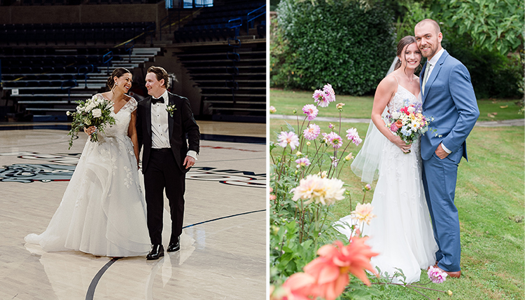 two separate wedding couples, both outdoors two separate wedding couples, both outdoors