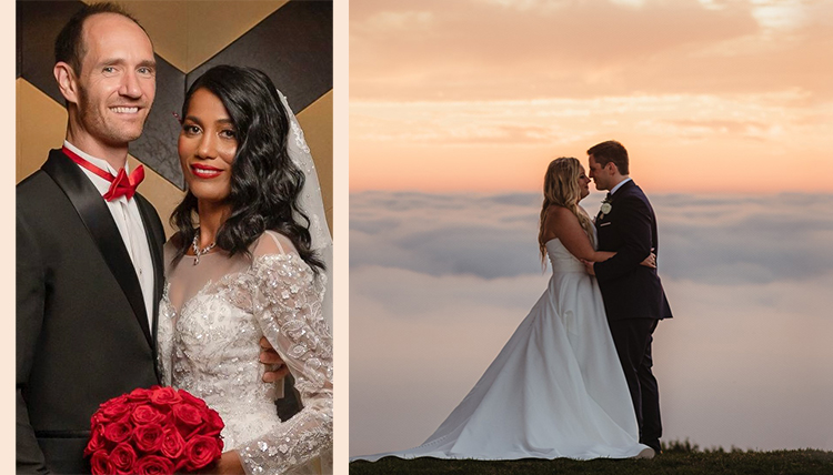 Wedding photos from left: ’97 Mark Van Loan and Claudia Odalis Flores Contreras and right: ’11 Cathy Caputo and Evan Cooper. Wedding photos from left: ’97 Mark Van Loan and Claudia Odalis Flores Contreras and right: ’11 Cathy Caputo and Evan Cooper.