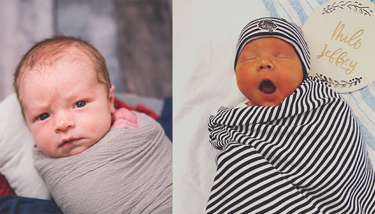 Above, left, baby wrapped in grey blanket; Above, right, yawning baby wrapped in striped blanket wearing a striped hat. Above, left, baby wrapped in grey blanket; Above, right, yawning baby wrapped in striped blanket wearing a striped hat.