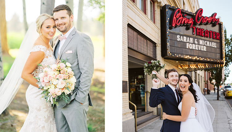 one couple photographed near trees and one couple beneath the Bing Crosby Theatre sign with their names one couple photographed near trees and one couple beneath the Bing Crosby Theatre sign with their names