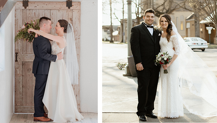 Two side-by-side photos of alumni couples - grooms in suits and brides in wedding dresses Two side-by-side photos of alumni couples - grooms in suits and brides in wedding dresses