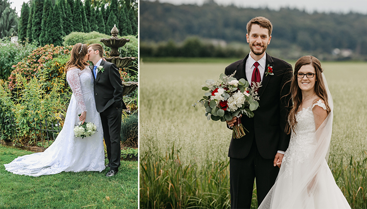 Two photos; Man and woman kissing in wedding outfits, and on the right man and woman pose in field Two photos; Man and woman kissing in wedding outfits, and on the right man and woman pose in field