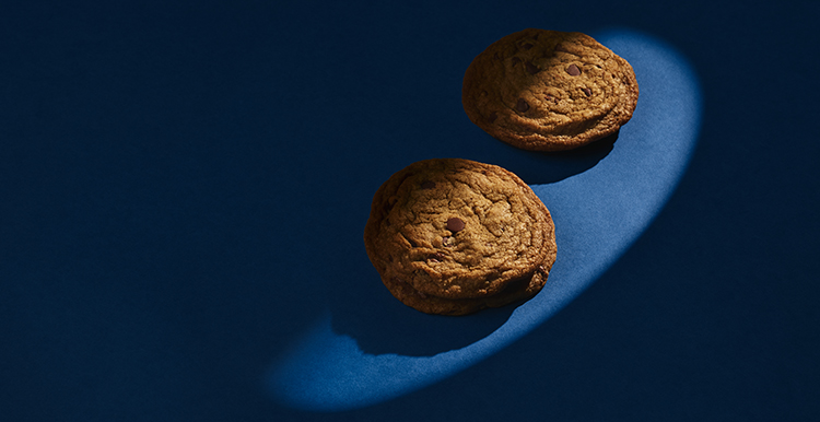 Photo of two chocolate chip cookies on a blue background.