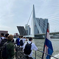 Students ride on a water bus to get to Kinderdijk.