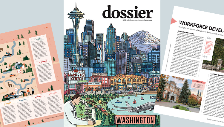 three separate images of pages in a print magazine showing Washington state three separate images of pages in a print magazine showing Washington state