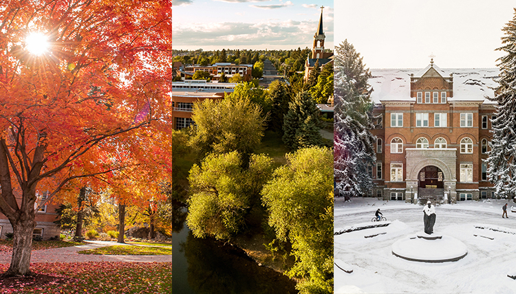 Left fall leaves; middle ariel shot of Gonzaga campus; right College Hall in the snow Left fall leaves; middle ariel shot of Gonzaga campus; right College Hall in the snow