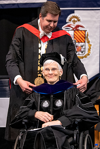 President Thayne McCulloh bestowed an honorary Doctor of Laws degree from Gonzaga University upon Judith Mayotte. (GU photo) President Thayne McCulloh bestowed an honorary Doctor of Laws degree from Gonzaga University upon Judith Mayotte. (GU photo)